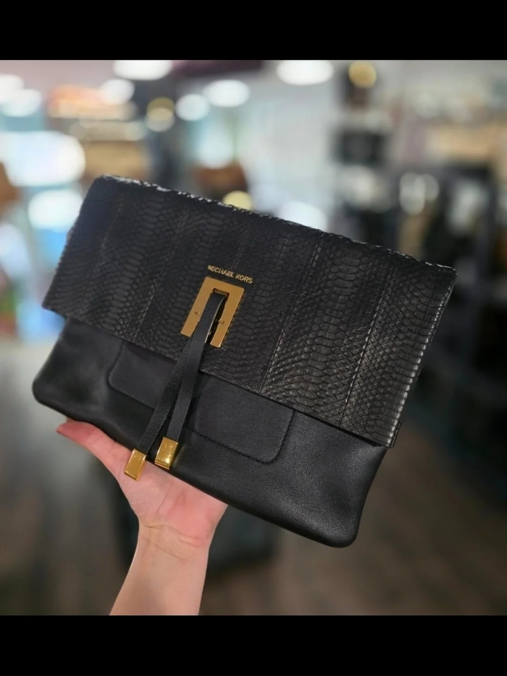 Rare Michael Kors Runway Miranda Black Leather & Python Snakeskin Clutch